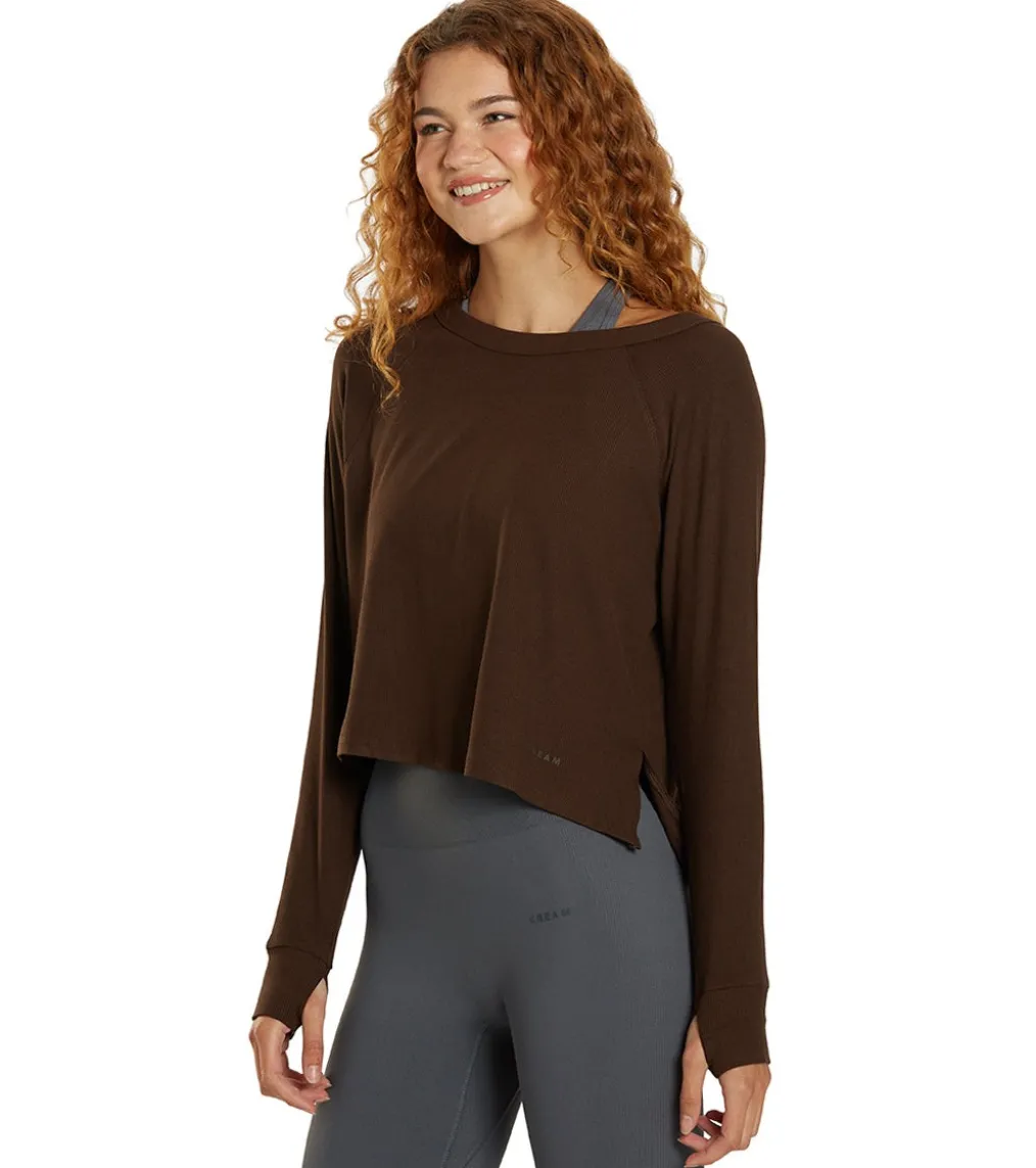 Cream Yoga Fare Drop Shoulder Crop LS Tee