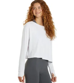Cream Yoga Fare Drop Shoulder Crop LS Tee