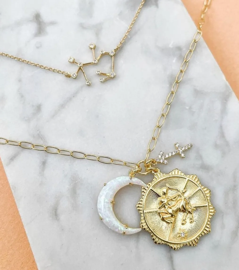 TAI Jewelry Zodiac Coin Necklace with Opal Moon Charm